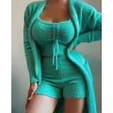 EVE Plus Size Loungewear Solid Color Plush Three-Piece Lace-Up Pajama Set GXHF-Y90218