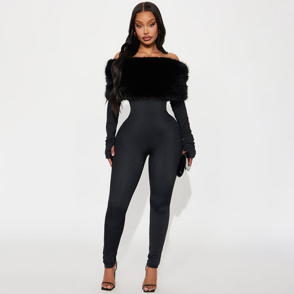 EVE Fur Off Shoulder Long Sleeve Jumpsuit GDSF-J25JP405
