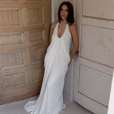 EVE Halterneck V Neck Ruched Mesh Maxi Dress GLAG-D5819940F