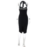 EVE Solid Color Halterneck Mesh Midi Dress GLAG-D5920287F