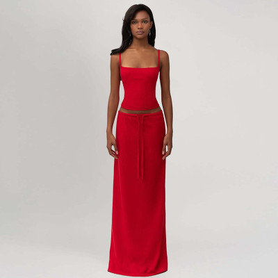 EVE Solid Color Sling Top Two Piece Skirt Set GLAG-S5A20420F