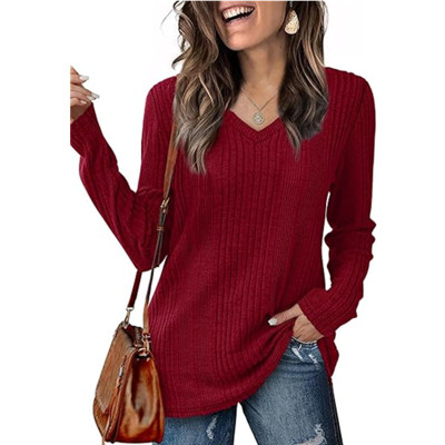 EVE Solid Color V-neck knitted Long Sleeve Top GYOU-CX803