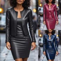 EVE PU Leather Fashion Sling Mini Dress And Long Sleeves Cardigan Two Piece Set GYOU-CX5920