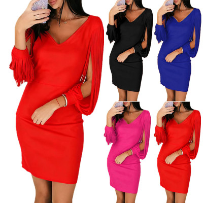 EVE Elegant V-neck Fringed Long Sleeve Party Dress GYOU-CX1108