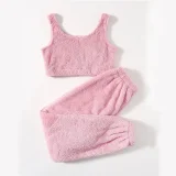 EVE Solid Color Plush Tank Tops Two Piece Pants Set GXHF-X08292163
