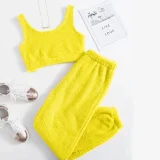 EVE Solid Color Plush Tank Tops Two Piece Pants Set GXHF-X08292163