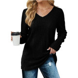EVE Solid Color V-neck knitted Long Sleeve Top GYOU-CX803