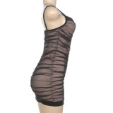 EVE Mesh Patchwork Ruched Sling Mini Dress GZJQ-K25D85965