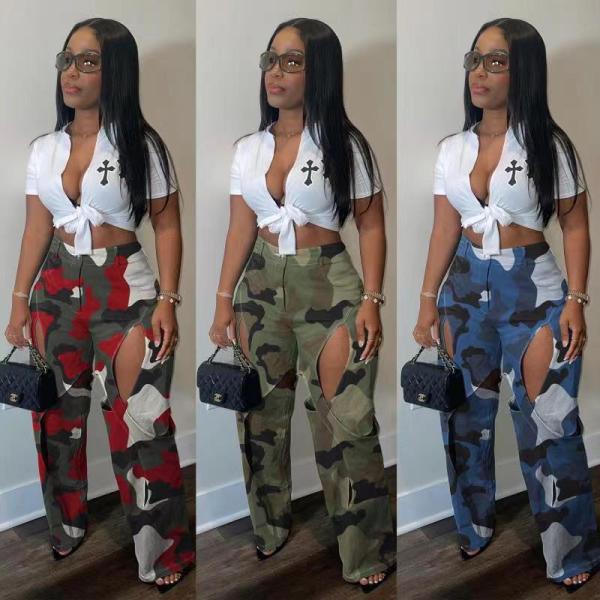 EVE Camouflage Print Holes Cross Straight Pants OD-8600