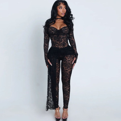 EVE Lace See Through Backless Bodysuit Two Piece Pants Set GZJQ-K25S86050