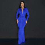 EVE Solid Color Long Sleeve Pleated Maxi Dress YF-20061