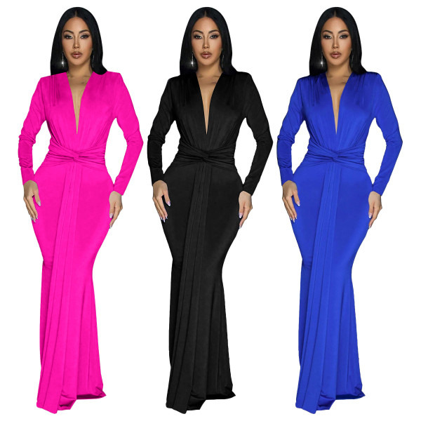 EVE Solid Color Long Sleeve Pleated Maxi Dress YF-20061