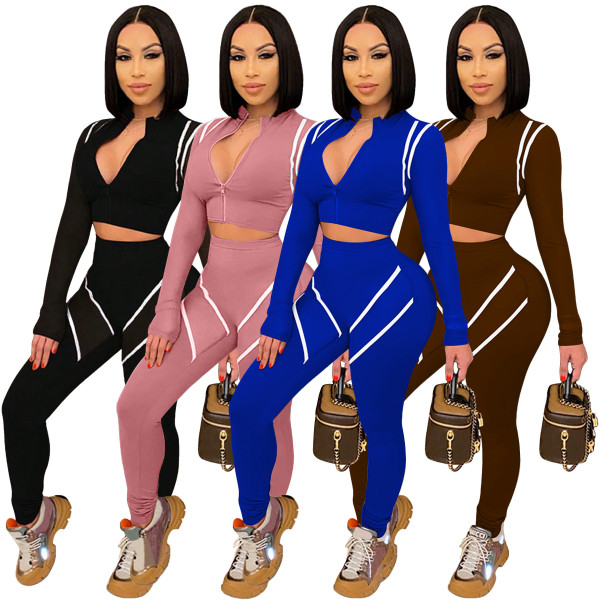 EVE Contrast Color Patchwork Long Sleeve Sport 2 Piece Pants Set YF-9808