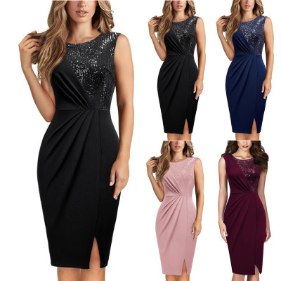 EVE Sleeveless Sequin Splice Slit Dress GYOU-CX502