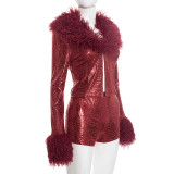 EVE Fur Patchwork Long Sleeve Skinny Two Piece Shorts Set GSZM-D25ST506