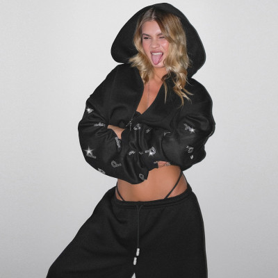 EVE Letter Hot Drill Hooded Sweatshirt Two Piece Pants Set XEF-K25S84561