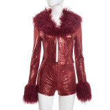 EVE Fur Patchwork Long Sleeve Skinny Two Piece Shorts Set GSZM-D25ST506