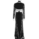 EVE Solid Color Hollow Out Lace Maxi Dress GSZM-J25DS412