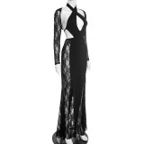 EVE Solid Color Hollow Out Lace Maxi Dress GSZM-J25DS412