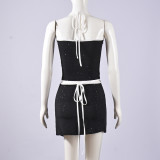EVE Contrast Color Halterneck Tie Up Two Piece Skirt Set GFRT-51958SBF
