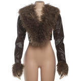 EVE Fur Patchwork Leather V Neck Coat DLSF-K25L85062