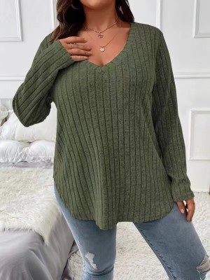 EVE Solid Color Plus Size V-Neck Long Sleeve Tops GYOU-CX23072901