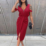 EVE Solid Color Zipper Hollow Out Short Sleeve Midi Dress GYOU-CX211209