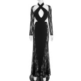 EVE Solid Color Hollow Out Lace Maxi Dress GSZM-J25DS412