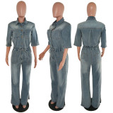 EVE Fashion Half Sleeve Washed Denim Jumpsuit LX-8606