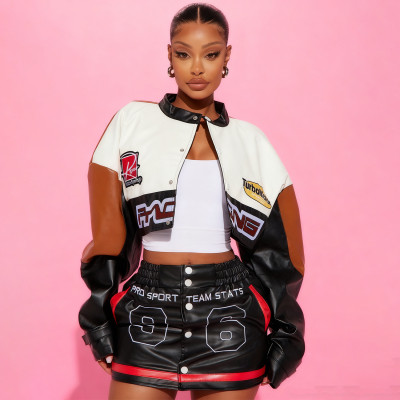 EVE PU Leather Print Coat Two Piece Skirts Set YNSF-8016