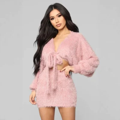 EVE Long Sleeve Tie Up Plush Two Piece Pants Set GXHF-M81015