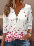EVE Plus Size Heart Print Round Neck Zip-Up Tops GYOU-CX311061