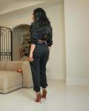 EVE Leopard Color Block Coat Two Piece Pant Set CM-9538
