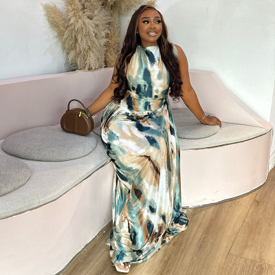 EVE Sleeveless Print Pleated Maxi Dress GJYO-JD303573