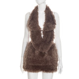 EVE Sexy Fur Neck Backless Two Piece Skirts Set GSBD-J25ST363