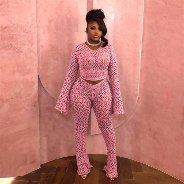 EVE Lace Holes Long Sleeve Two Piece Pants Set GXHF-X80241