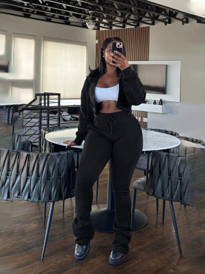 EVE Solid Color Zipper Hooded Two Piece Pants Set SFY-809