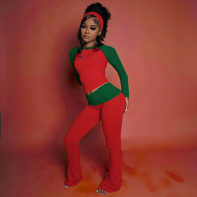 EVE Christmas Long-Sleeve Color-Block T-Shirt and Pants Two-Piece Set GSLF-K25S87836