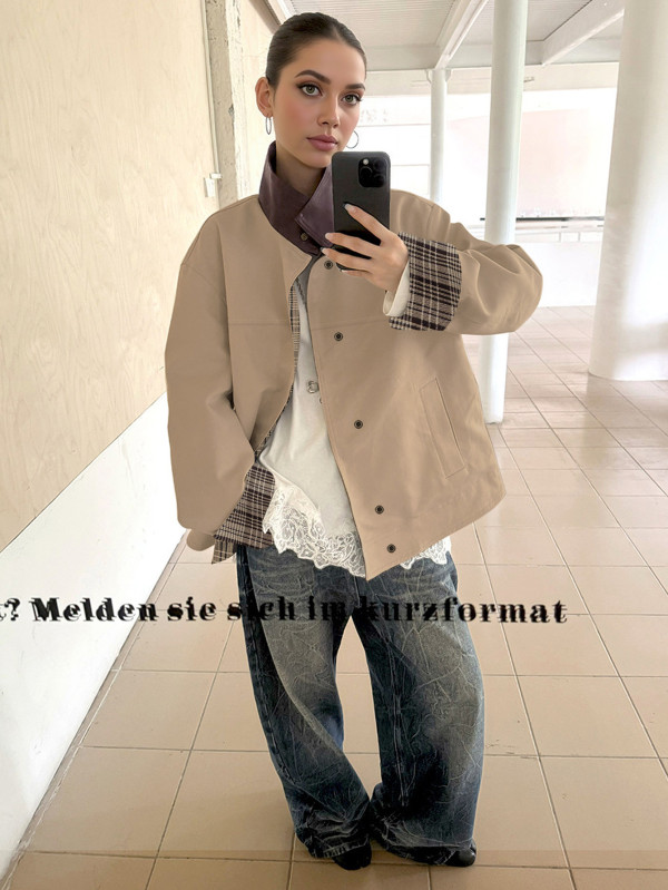 EVE Stand Collar Contrast Color Plaid Print Coat GYXN-204534