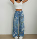 EVE Fashion Print Denim Wide Leg Jeans GYXN-15875#