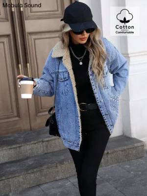 EVE Loose Long Sleeve Fleece Denim Jacket GYXN-20780