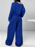 EVE Solid Color Slash Shoulder Long Sleeve Pants Set YH-9021