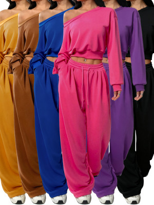 EVE Solid Color Slash Shoulder Long Sleeve Pants Set YH-9021