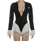 EVE Deep V Neck Long Sleeve Lace Patchwork Romper XEF-K25K86130