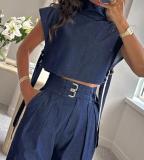 EVE Casual Short Sleeve Denim Two Piece Pant Set GJMF-97779