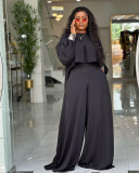 EVE Plus Size Solid Color Lantern Sleeve Tops Two Piece Pants Set NNWF-8153