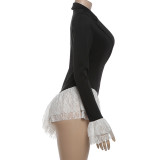 EVE Deep V Neck Long Sleeve Lace Patchwork Romper XEF-K25K86130