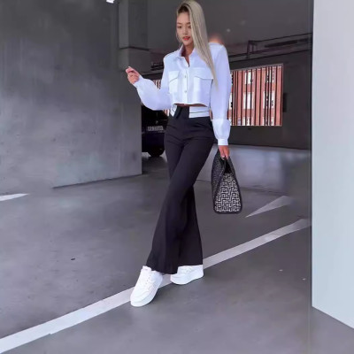 EVE Solid Color Lapel Neck Two Piece Pant Set GJMF-97787