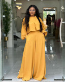 EVE Plus Size Solid Color Lantern Sleeve Tops Two Piece Pants Set NNWF-8153