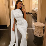 EVE Solid Color Ribbon Ruched Long Dress XEF-K25D87615